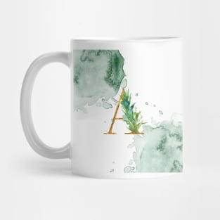 Letter A Gold Monogram with Leaves Green Watercolor Slats Graphic Design Mug